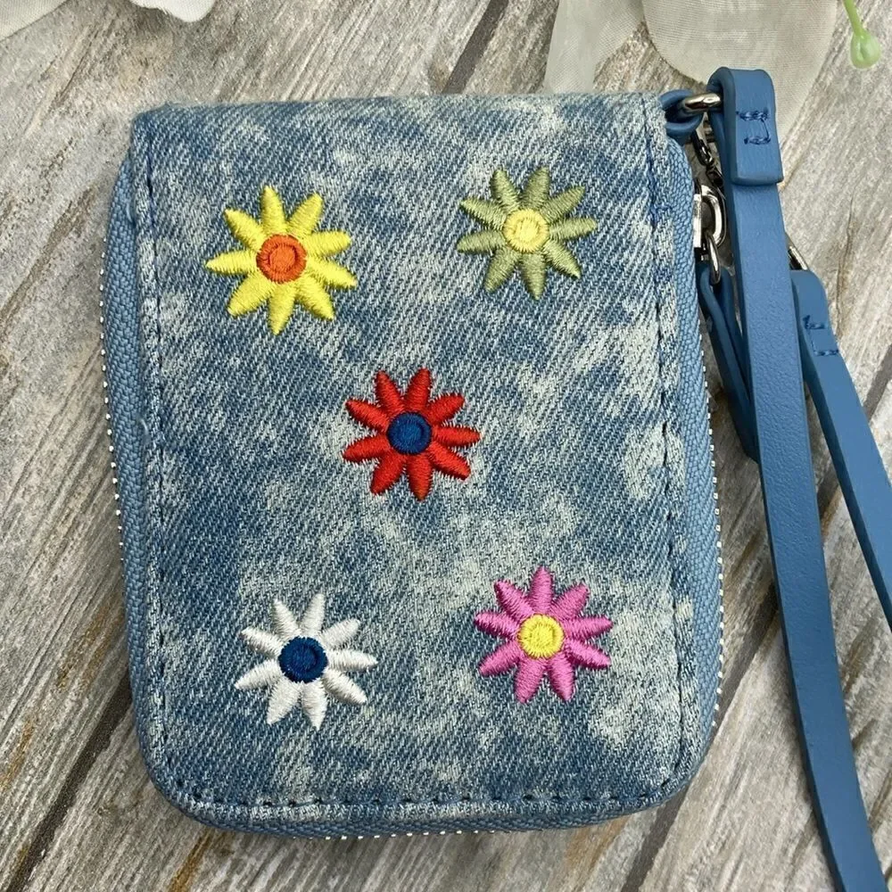 Women's Blue Washed Denim Flower Embroidered Wristlet Wallet Bag Purse